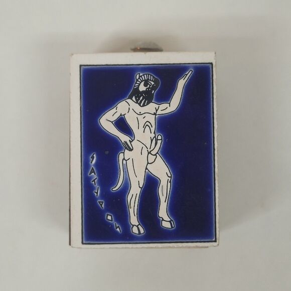 Vintage Satyr Matchbox Handmade in Greece Ceramic Top Drawer Holder Blue White - Picture 1 of 13